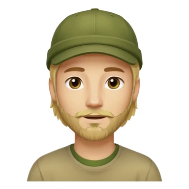 Apple emoji style young man with light skin, long blond hair, short stubble beard, dark eyes, olive green cap, friendly expression, clean shapes and soft gradients. sticker