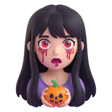 a zombie girl with black long hair and bangs, 3D emoji style, cute, expressive sticker