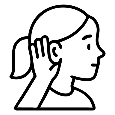 girl listening to viewer, side view, hand to ear, bold outlined icon style sticker