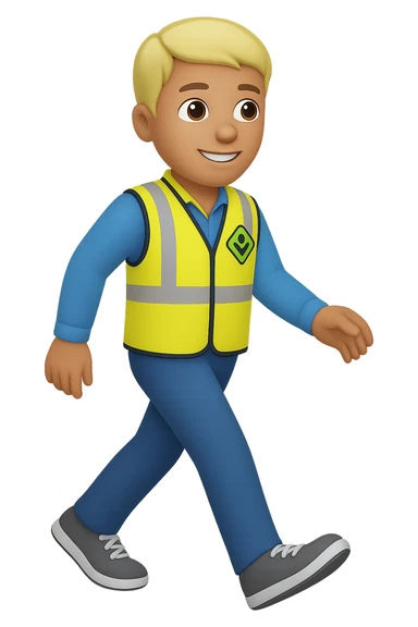 Edit the image to depict a full-body person walking, wearing a high-visibility vest, no hard hat, wearing trainers, in the style of apple emojis, with no background (transparent). sticker