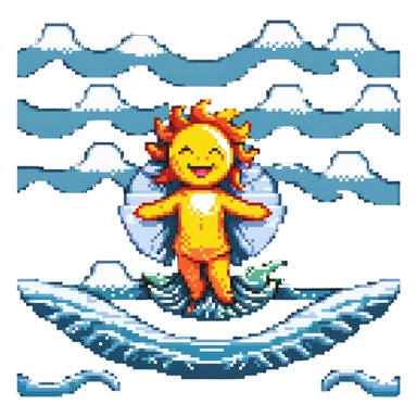Dancing character on beach with sun highlighting them, ocean waves, cheerful tripa tropa mood sticker