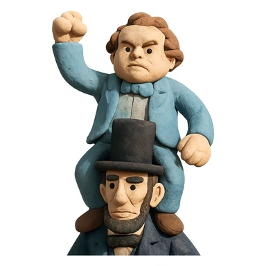 claymation style Stephen Douglas standing on Abraham Lincoln's shoulders sticker