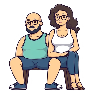caucasian bald man with glasses and caucasian woman with no glasses, long curly dark hair and massive boobs and a tank top. Her hand is on his leg.  sticker