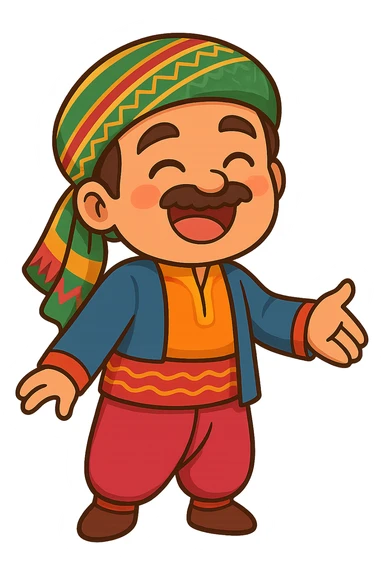 Create a cartoon Kurdish sticker in the same style and mood as the reference image: a happy and smiling face, traditional Kurdish clothing, colorful and cheerful, no text, suitable for WhatsApp and Instagram, with a transparent background. The character should be in a friendly greeting pose such as hugging or shaking hands. sticker