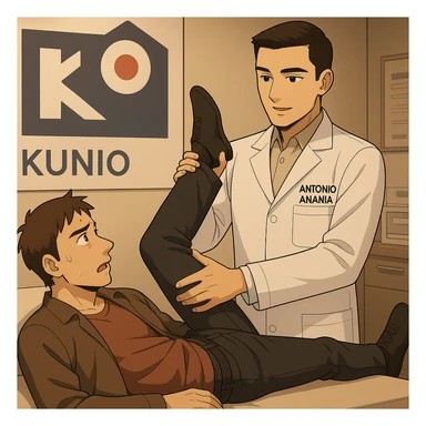 fai un webtoon manga a colori con questo stile, in cui un uomo è steso sul lettino medico e il kinesiologo con il camice bianco (fagli anche la scritta "ANTONIO ANANIA" SUL CAMICE, gli solleva una gamba per fargli il test neuromuscolare, IL KINESIOLOGO SPIEGA ALL'UOMO UNA cosa mentre gli alza la gamba. non fare i fumetti però, fai solo in modo che sembri stiano parlando sticker