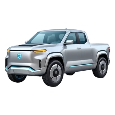 A futuristic electric pickup truck emoji, silver chrome body, angular cyber design, smooth metallic panels, subtle reflections, minimalistic proportions, iOS emoji style, centered composition, clean white background, soft lighting sticker