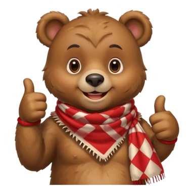 a cute bear smiling and giving thumbs up, wearing red Checkered Triangle scarf sticker