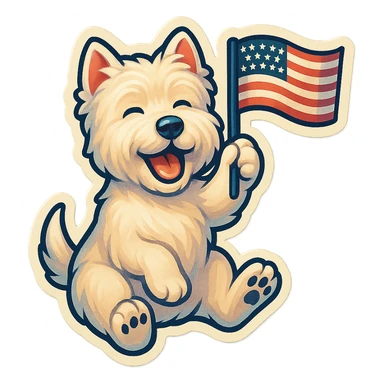 happy Westie dog waving a small US flag, retro sticker style sticker