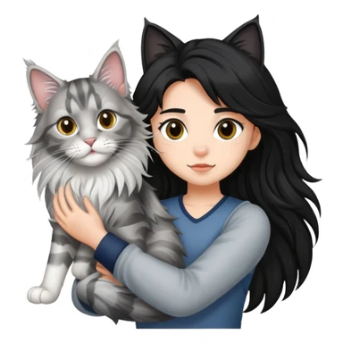 a silver based Maine Coon cat holding a black hair girl sticker