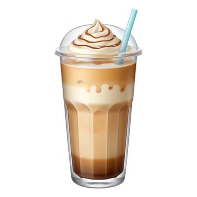 An iced latte in a transparent matte glass, showing how the milk and coffee mix, with ice touching the inner walls of the glass, and a clear lid with a transparent straw on top. Use soft and pastel tones. sticker