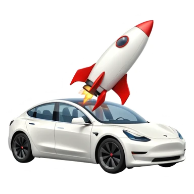 Tesla model 3 white with small rocket mounted flat on roof for extra propulsion sticker