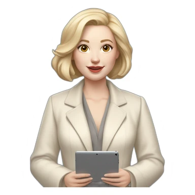 pale skin woman with ash blonde Straightened bob Hair, White Spacious classical jacket, beige palazzo Arrow pants and gray blouse holding a IPad Pro 12.9” in the hands sticker