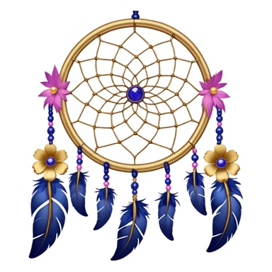 A gold-framed Dreamcatcher. with yellow metal flowers, blue beads, indigo beads, purple beads, pink feathers hanging down sticker