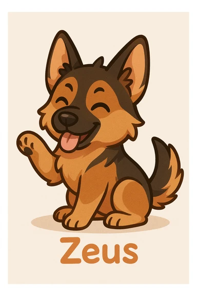 Create a chibi sticker of a playful German Shepherd dog inspired by the left dog in the reference photo. Include the name 'Zeus' in a cute font. Use a simple background suitable for chibi stickers style. sticker