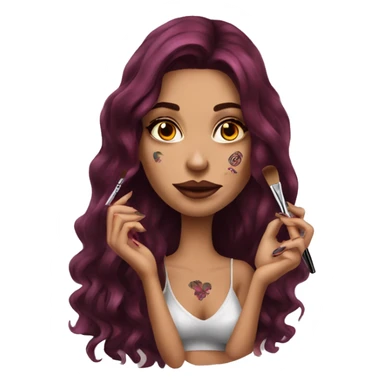 Beautiful tattooed burgundy long haired woman doing her makeup sticker