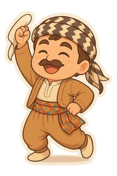 Create a chibi Kurdish cartoon sticker based on the reference image, showing a proud (confident) expression, with a transparent background. sticker