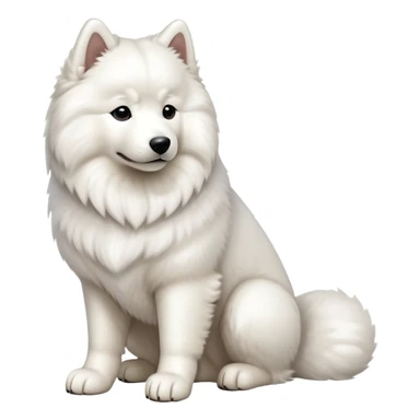 cinematic-[samoyed]-realistic-full-body-sitting-emoji,-tail-resting-loosely-beside-its-paws,white eyes-head-tilted-dramatically, -fluffy-[white]-fur,-simplified-yet-realistic-focused-features,-highly-detailed,-glowing-with-an-almost-sarcastic-glow sticker
