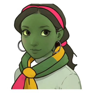 A woman with a round face, pale, light skin, big round nose, cute doe eyes, a white long sleeve shirt with a square shape cut in the t shirt near the neck area, and dark brown hair and brown eyes  sticker