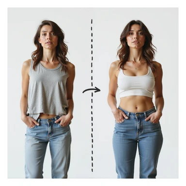 adult woman, photorealistic, two side-by-side photos: one with loose clothes and one with tight clothes, dashed line connecting the two images, puzzled expression, neutral background, concept of weight fluctuation sticker