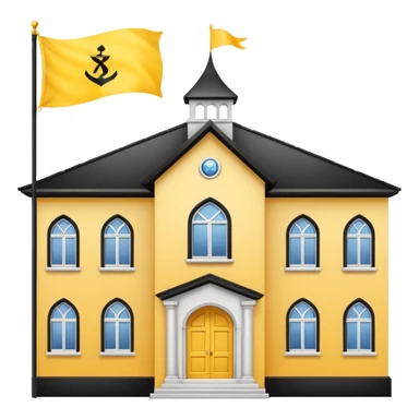 white background, magic school, black roof, with a big flag, big flag on a roof, big yellow flag, white school sticker