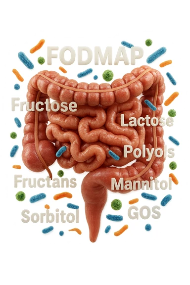 intestino umano anatomico con parole FODMAP CHE GLI FLUTTUANO INTORNO INSIEME A BATTERI INTESTINALI, iperrealistica 4k sticker