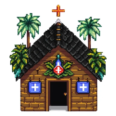 Thai hospital with traditional ornate roof, medical symbol, tropical plants sticker