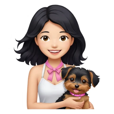Pretty Asian girl with long, luscious wavy black hair, no hair tie, wearing a cute sleeveless white halter top, smiling warmly while carrying a Yorkshire Terrier with a pink collar in her arms. Remove the bow in the girl's neck sticker