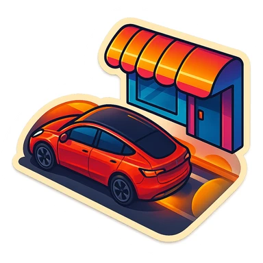 A Tesla Model Y parallel parking in front of a store, from above sticker