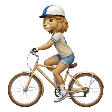 confident anthropomorphised female lion wearing a baseball shirt, jeans, trainers, and a cycling helmet, riding a bicycle sticker