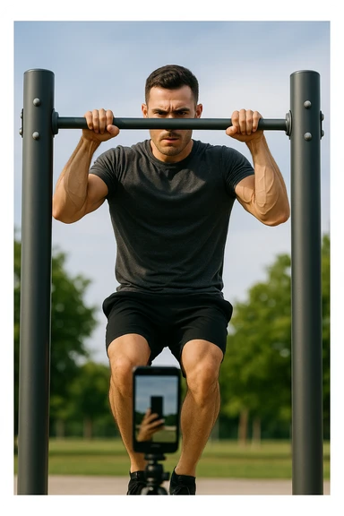 uomo che fa Muscle up e si sta filmando davanti con il telefonino per vedere la sua posizione dei gomiti e delle mani sulla sbarra sticker