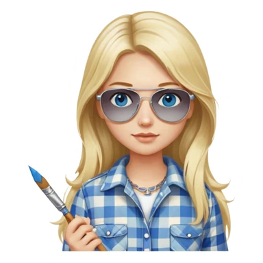 girl with long blond hair, wearing plaid shirt with blue eyes and aviator sunglasses wearing a ring on her silver necklace, holding a paintbrush sticker