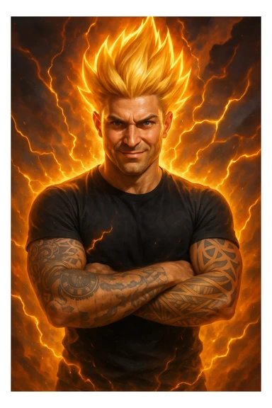 a muscular man with spiky hair stands in a powerful pose, surrounded by a glowing, fiery aura reminiscent of Goku’s Super Saiyan transformation. His eyes are intense and determined, and his body radiates energy and confidence. Lightning bolts and energy waves crackle around him, symbolizing a surge of testosterone and vitality. The background is dramatic, with swirling clouds and vibrant colors. sticker