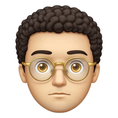 Man with square face, thick straight eyebrows, short curly dark hair, light facial scruff, serious neutral expression, wearing large square golden glasses sticker
