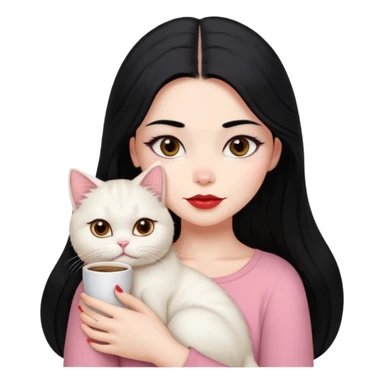 Beautiful Girl Long Hair black, Brows Big , Skin White, Top Pale Pink , Big Red Lips, EyesCoffe , Hug Little baby Persa Cream Cat With Cute Eyes sticker