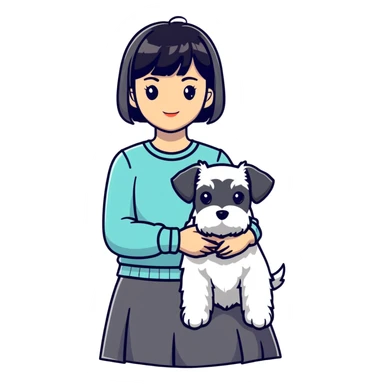 Girl with short black hair and bangs holding a white schnauzer dog sticker
