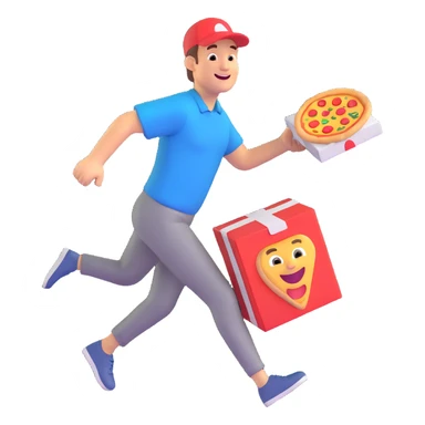 a man running with a pizza box in his hands, smiling, 3D cartoon style, bright colors sticker