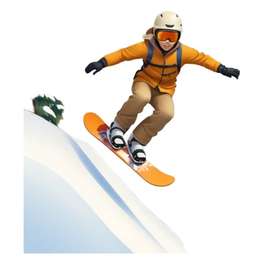 An icon showing a snowboarder performing an exciting jump on a snow-covered slope. The background features towering mountains, snow-covered trees, and a bright, clear sky. Transparent background highlights the speed, agility, and thrill of snowboarding. sticker