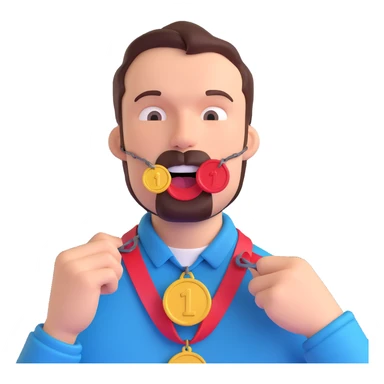 a man with an iron medal in his mouth, playful sticker