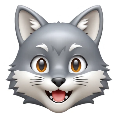 3D-style gray wolf or cat-like character emoji, joyful and excited expression, clean and glossy, inspired by TenSquared logo sticker