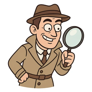 detective man with magnifying glass, raised eyebrows, smiling, comic style sticker