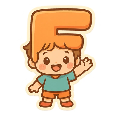a child character whose head is literally the letter F, fun and whimsical style, colorful, expressive, cute, friendly sticker