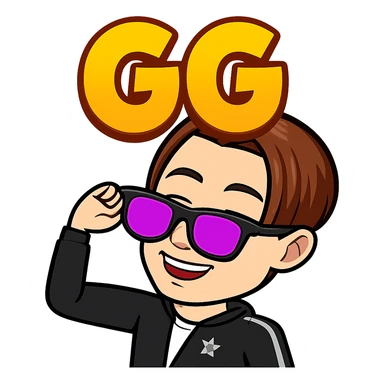 Edit the character in the reference image to show the character smiling with the text 'GG' above it, in the same style as the reference, with a transparent background, no circle, and sized for Twitch emoji. sticker
