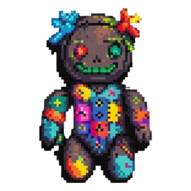 A colorful pixelated voodoo doll with bright fabric patches in different colors, button eyes, and colorful pins sticker