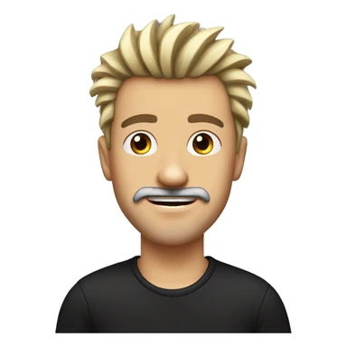 White man, with happy expression, with spiked hair, nose piercing, brown eyes, mustache and goatee, black t-shirt sticker