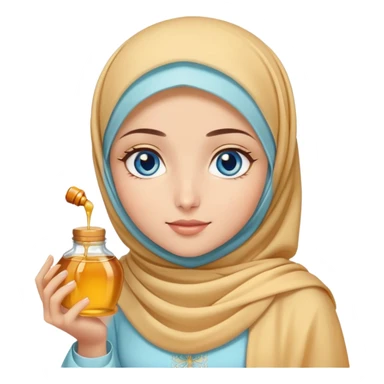 Turkish beautiful finish Konya girl blue eyes with honey pastel hijab islamic dress and had on her hand honey sticker