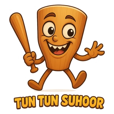 chibi emoji of Tun Tun Suhoor, wooden stick body with smooth brown texture, drum-like cylindrical body, holding baseball bat, cartoon style, bright vivid colors, expressive face, dynamic pose, a bit creepy yet funny,  sticker