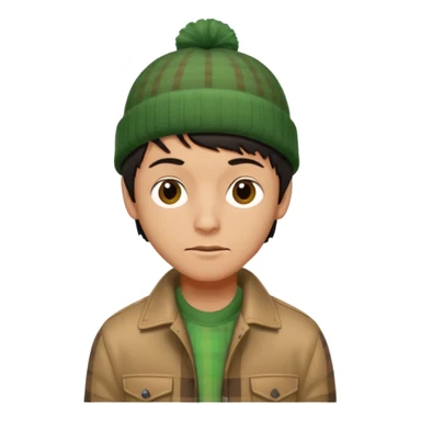 young man with longish black Beatle haircut, brown eyes, tan complexion, green beenie hat, tan jacket, checked shirt , pork chop sideburns sticker