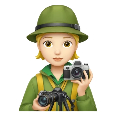 
explorer photographer, green clothes, yellow hat sticker