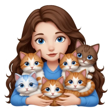 girl with long wavy brown hair, blue eyes, long lashes makeup, cuddling with 6 cute cats sticker