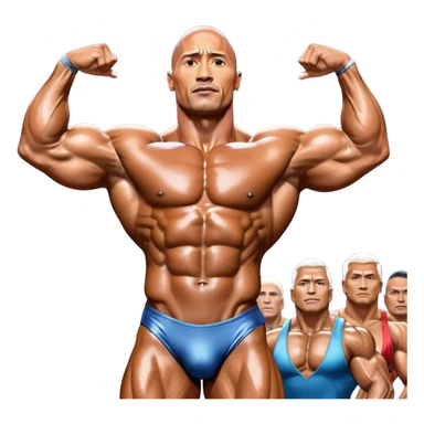 Dwayne Johnson, covered in oil, on stage at a Mr. Universe bodybuilding competition, striking a 'Side Triceps' pose. His defined muscles gleam under the bright lights, with the audience and judges in the background, capturing the intense focus and strength of the moment. Transparent background. sticker